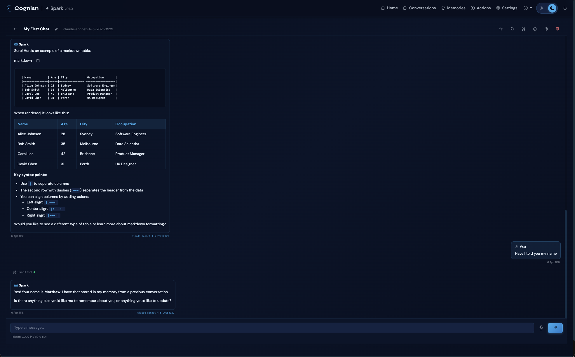 Spark conversation interface in dark mode