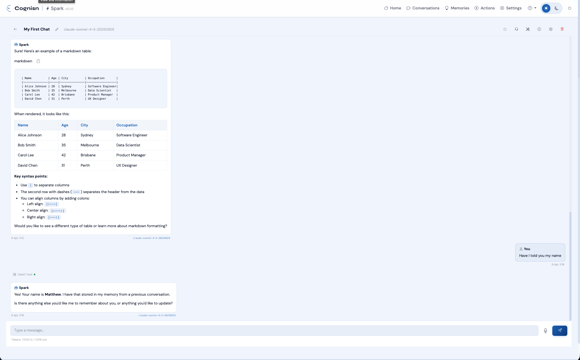 Spark conversation interface in light mode