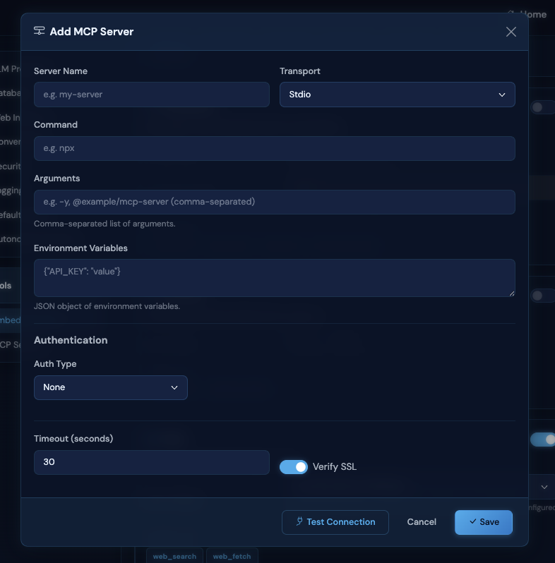 MCP tool integration panel